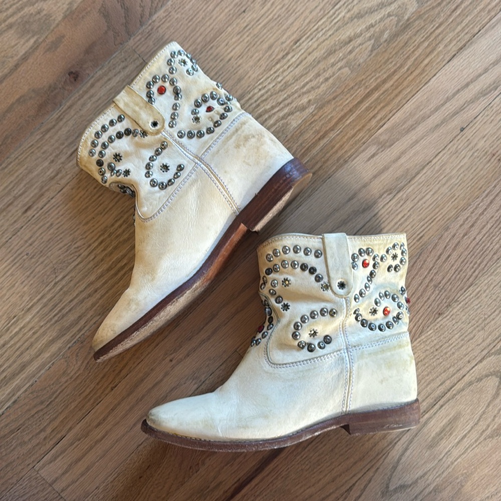 Isabel Marant Distressed White Caleen Studded Boots Size 37